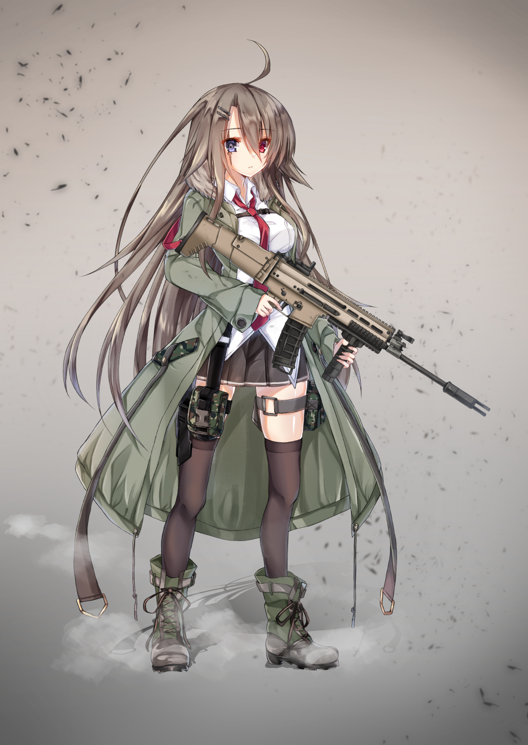 1girl ahoge assault_rifle bangs belt belt_pouch black_legwear black_skirt boots breasts camouflage closed_mouth coat collared_shirt commentary cross-laced_footwear dress_shirt english_commentary expressionless fn_scar full_body fur-trimmed_coat fur_trim green_coat green_footwear grey_background grey_hair gun hair_between_eyes hair_ornament hairclip heterochromia highres hinamushi_(shokuyou) holding holding_gun holding_weapon large_breasts leg_belt legs_apart long_hair long_sleeves looking_at_viewer miniskirt necktie open_clothes open_coat original pleated_skirt pouch red_eyes red_neckwear rifle scar scar_across_eye shirt sidelocks skirt sleeves_past_wrists smoke solo standing thigh-highs very_long_hair violet_eyes weapon white_shirt zettai_ryouiki