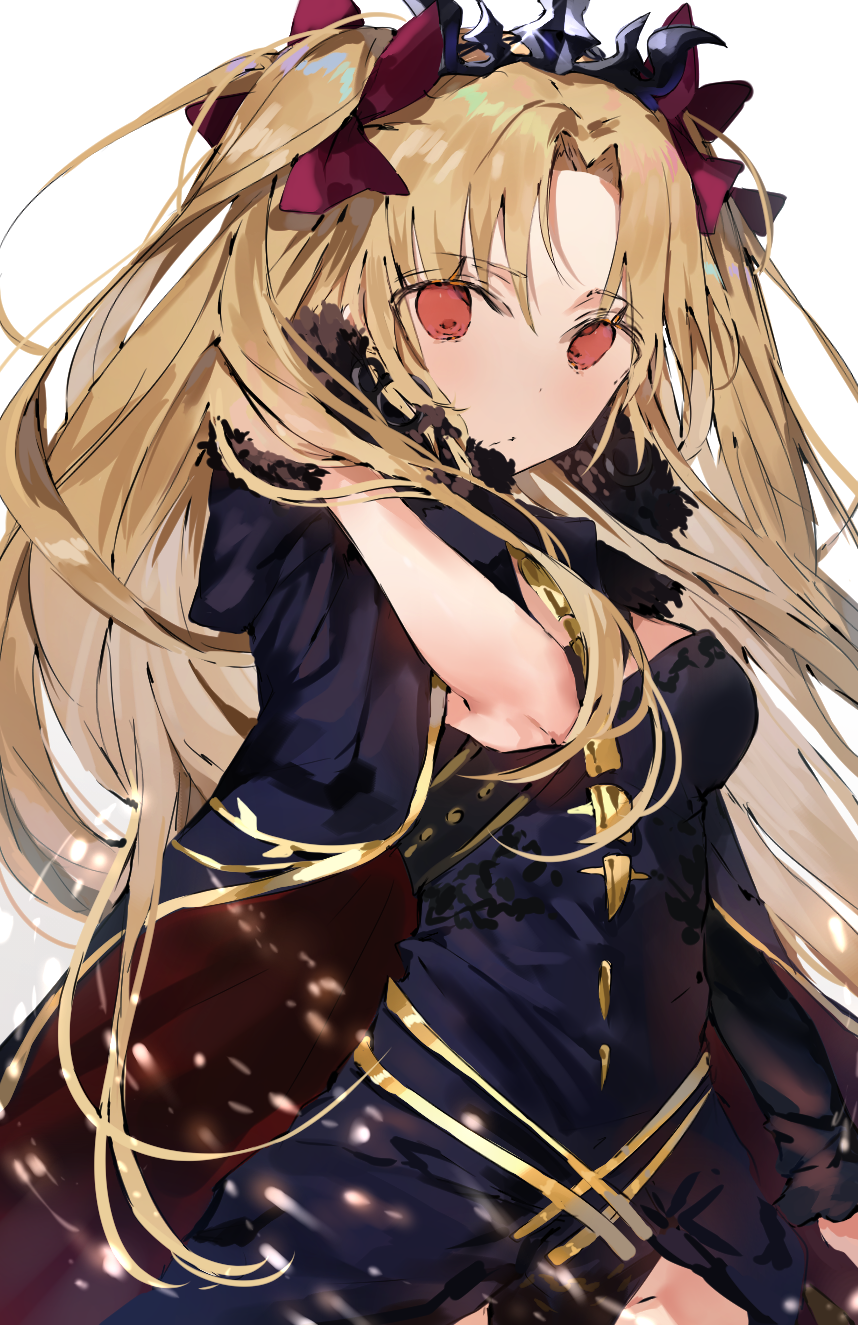 1girl black_cape black_leotard blonde_hair bow breasts cape diadem ereshkigal_(fate/grand_order) eyebrows_visible_through_hair fate/grand_order fate_(series) floating_hair hair_between_eyes hair_bow hand_in_hair highres leotard long_hair looking_at_viewer medium_breasts red_bow red_eyes solo standing twintails very_long_hair white_background wrist_cuffs yuuko_(030_yuko)