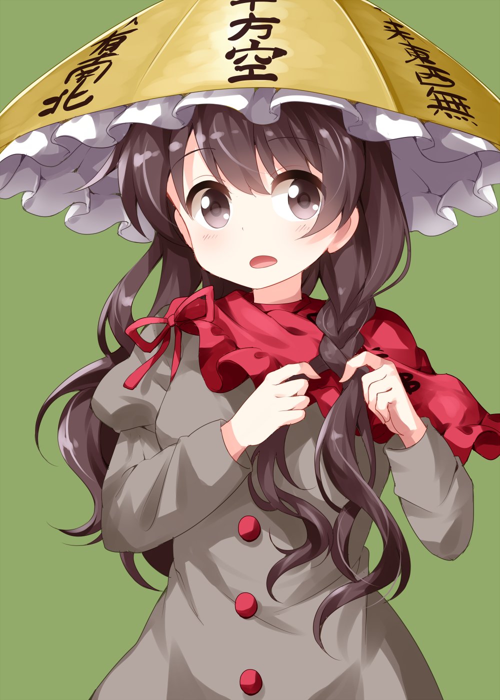 1girl ajirogasa black_hair braid buttons capelet clothes_writing dress eyebrows_visible_through_hair green_background grey_dress hat highres long_hair long_sleeves looking_at_viewer open_mouth red_capelet ribbon ruu_(tksymkw) simple_background solo touhou twin_braids tying_hair very_long_hair yatadera_narumi