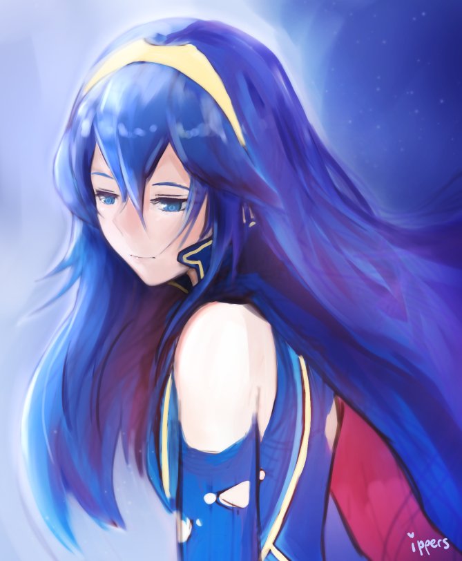 1girl artist_name blue_background blue_eyes blue_hair blue_shirt cape closed_mouth commentary doodle english_commentary fire_emblem fire_emblem:_kakusei fire_emblem_heroes from_side hair_between_eyes ippers long_hair lucina nintendo shirt tiara torn_clothes