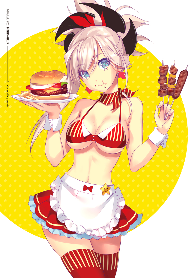 1girl apron bikini blue_eyes breasts character_name cleavage cowboy_shot earrings eating eyebrows_visible_through_hair fate/grand_order fate_(series) food hair_ornament hamburger holding holding_tray jewelry large_breasts looking_at_viewer miyamoto_musashi_(fate/grand_order) navel nishimura_eri pink_hair ponytail red_bikini red_scarf scarf shish_kebab skindentation smile solo star stomach swimsuit thigh-highs tray waist_apron