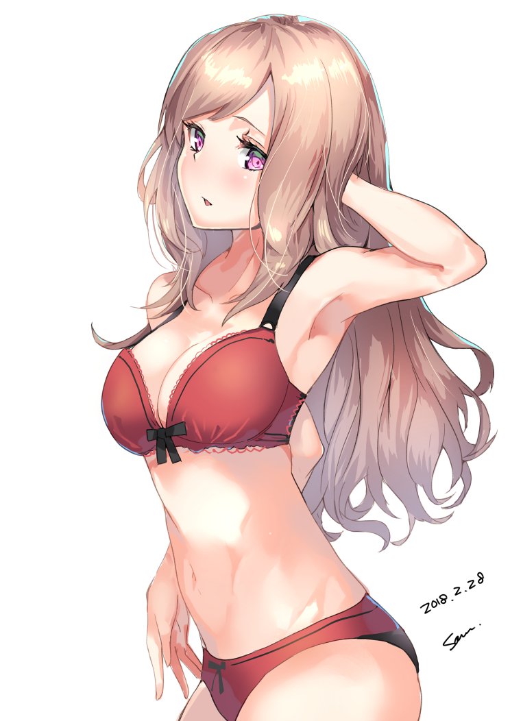 1girl 2018 armpits bangs black_pants black_ribbon bra breasts brown_hair cleavage collarbone dated hand_in_hair long_hair medium_breasts navel open_mouth original pants red_bra ribbon shiny shiny_hair signature simple_background solo sone_(takahiro-osone) standing swept_bangs underwear underwear_only very_long_hair violet_eyes white_background