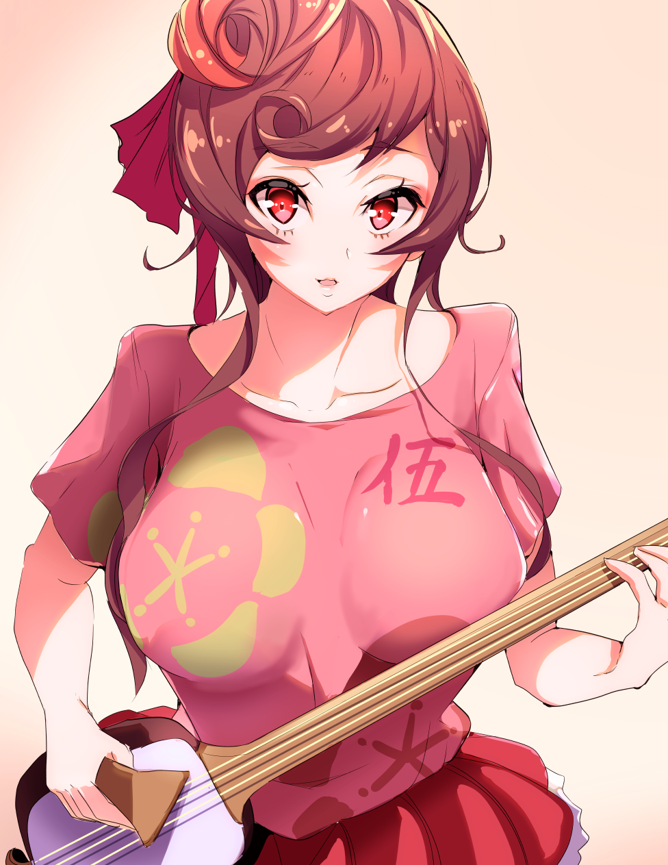 1girl breasts brown_hair hair_ornament highres instrument large_breasts long_hair looking_at_viewer music playing_instrument red_eyes redhead sakusakusakurai shamisen shirt t-shirt yuugiri_(zombie_land_saga) zombie_land_saga