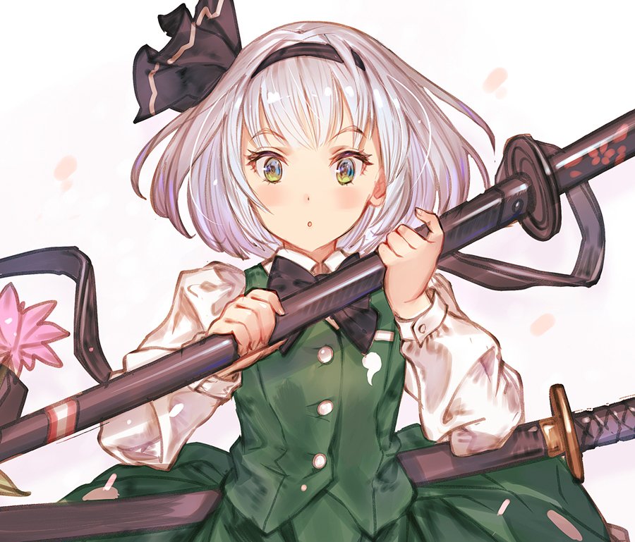 1girl :o black_hairband cherry_blossoms green_eyes hairband holding holding_sheath konpaku_youmu long_sleeves looking_at_viewer makai_no_juumin sheath sheathed shiny shiny_hair shirt short_hair silver_hair simple_background skirt solo touhou upper_body white_background white_shirt