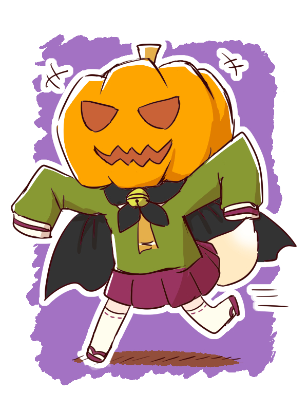 +++ 1girl bell black_cape cape fox_girl fox_tail full_body green_shirt jack-o'-lantern jingle_bell kemomimi-chan_(naga_u) long_sleeves naga_u orange_neckwear original outstretched_arms pleated_skirt pumpkin_hat purple_skirt red_footwear ribbon-trimmed_legwear ribbon_trim running shirt skirt sleeves_past_fingers sleeves_past_wrists solo tail thigh-highs white_legwear