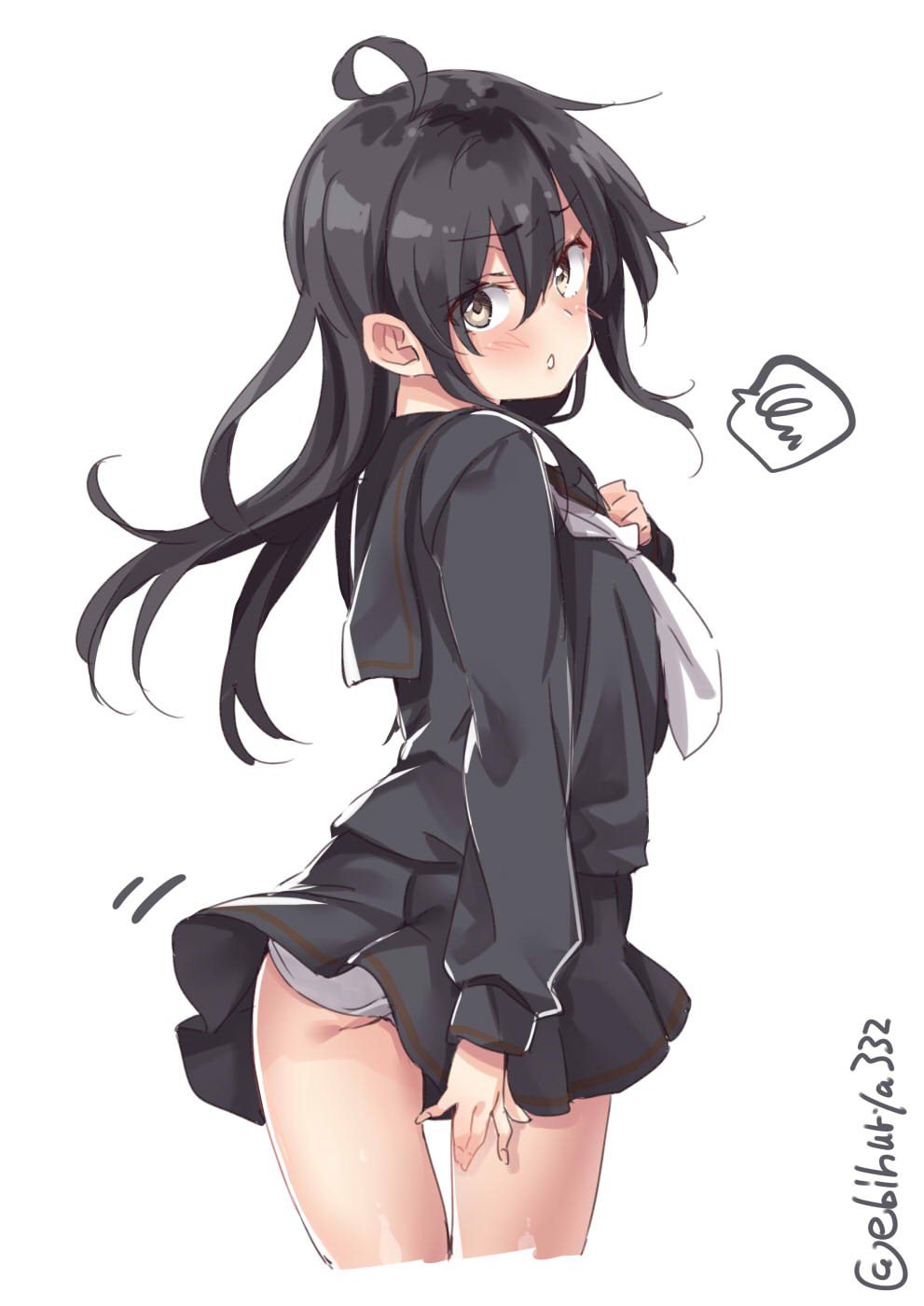 1girl ahoge ass black_hair black_serafuku black_skirt blush ebifurya eyebrows_visible_through_hair from_behind hair_between_eyes highres kantai_collection lips long_hair long_sleeves looking_at_viewer mikazuki_(kantai_collection) panties pantyshot pantyshot_(standing) parted_lips pleated_skirt sailor_collar school_uniform serafuku simple_background skirt solo spoken_squiggle squiggle standing twisted_torso twitter_username underwear white_panties