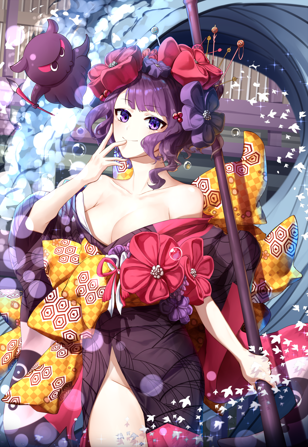 black_kimono breasts cleavage collarbone eyebrows_visible_through_hair fate/grand_order fate_(series) groin hair_ornament highres hm_(wonhml) holding holding_weapon japanese_clothes katsushika_hokusai_(fate/grand_order) kimono looking_at_viewer medium_breasts no_panties purple_hair short_hair smile tokitarou_(fate/grand_order) violet_eyes weapon