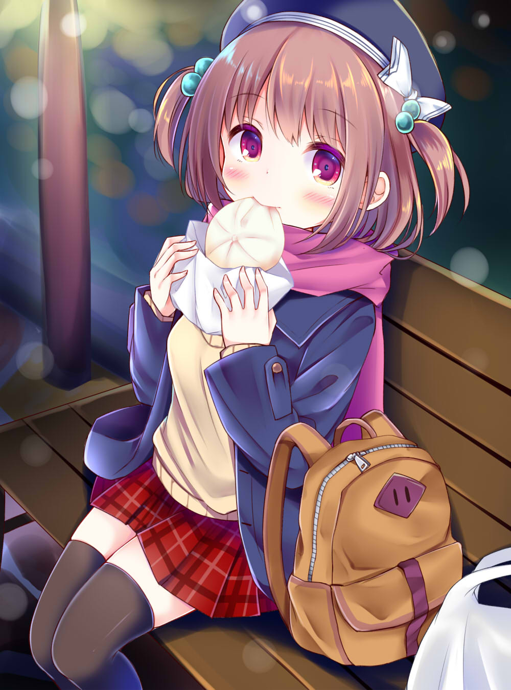 1girl backpack bag baozi beige_sweater bench beret blue_hat blue_jacket blurry blurry_background blush bow brown_hair brown_legwear commentary_request depth_of_field esureki fingernails food food_in_mouth hair_bobbles hair_ornament hat hat_bow highres holding holding_food jacket looking_at_viewer mouth_hold on_bed on_bench open_clothes open_jacket original park_bench pink_scrunchie plaid plaid_skirt plastic_bag pleated_skirt red_eyes red_skirt scrunchie shopping_bag sitting sitting_on_bed skirt sleeves_past_wrists solo sweater thigh-highs two_side_up white_bow