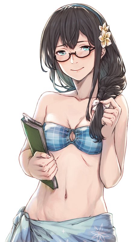 1girl bandeau bikini black_hair blue_bikini braid breasts collarbone commentary_request cowboy_shot flower green_eyes green_hairband hair_flower hair_ornament hair_over_shoulder hairband ivris kantai_collection long_hair looking_at_viewer navel notebook o-ring o-ring_top ooyodo_(kantai_collection) sarong semi-rimless_eyewear simple_background small_breasts solo strapless swimsuit under-rim_eyewear white_background