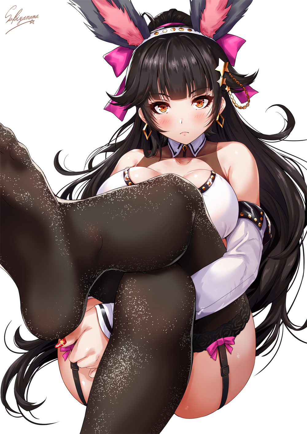 1girl animal_ears ass azur_lane bangs bare_shoulders black_hair black_legwear blush bow breasts brown_eyes bunnysuit collar collarbone commentary_request earrings eyebrows_visible_through_hair fake_animal_ears foot_up garter_straps glitter gold hair_bow hair_flaps hair_ornament headband highres holding_legs jewelry lace lace-trimmed_thighhighs large_breasts legs_crossed leotard light_particles long_hair looking_at_viewer nail_polish pillow pink_bow ponytail rabbit_ears red_nails sakiyamama signature simple_background solo star star_hair_ornament studded takao_(azur_lane) thigh-highs very_long_hair white_background wrist_cuffs