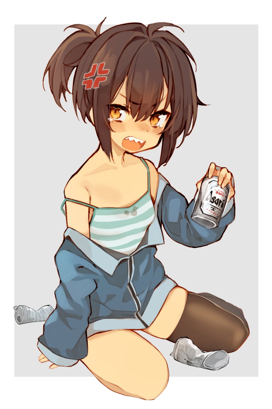 1girl anger_vein asymmetrical_legwear bangs bare_shoulders beer_can blue_jacket blush brown_eyes brown_hair brown_legwear camisole can collarbone commentary engawa_oishii eyebrows_visible_through_hair grey_background hair_between_eyes highres holding holding_can jacket long_sleeves nose_blush off_shoulder open_mouth original ponytail sharp_teeth short_hair single_thighhigh sitting sleeves_past_wrists solo strap_slip striped striped_camisole symbol_commentary tears teeth thigh-highs two-tone_background v-shaped_eyebrows white_background