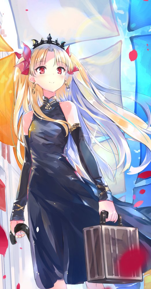 1girl adapted_costume black_dress black_sleeves blonde_hair bow detached_sleeves diadem dress earrings ereshkigal_(fate/grand_order) eyebrows_visible_through_hair fate/grand_order fate_(series) floating_hair hair_bow holding holding_umbrella jewelry long_hair long_sleeves petals red_bow red_eyes sleeveless sleeveless_dress smile solo standing suitcase twintails umbrella very_long_hair virus_(obsession)