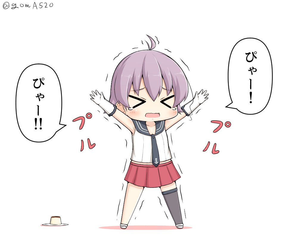 &gt;_&lt; 1girl anchor_symbol black_neckwear black_sailor_collar chibi closed_eyes commentary_request food full_body gloves goma_(yoku_yatta_hou_jane) kantai_collection necktie open_mouth outstretched_arms pleated_skirt pudding purple_hair red_skirt sailor_collar sakawa_(kantai_collection) school_uniform serafuku short_hair simple_background single_thighhigh skirt sleeveless solo standing thigh-highs wavy_mouth white_background white_gloves