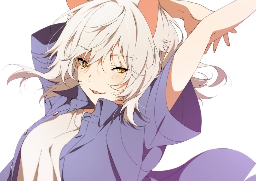 1girl animal_ears arms_behind_head arms_up black_hanekawa blue_shirt breasts cat_ears commentary_request eyebrows_visible_through_hair hanekawa_tsubasa large_breasts looking_at_viewer monogatari_(series) ntend open_mouth shirt short_hair silver_hair slit_pupils smile solo yellow_eyes