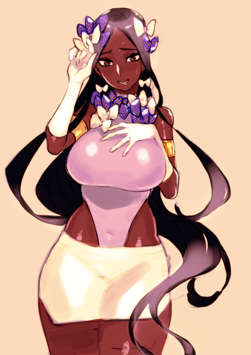 1girl arjuna_(fate/grand_order) armlet bangs black_hair blush bow breasts brown_eyes cowboy_shot dark_skin embarrassed eyelashes fate/grand_order fate_(series) genderswap genderswap_(mtf) gloves hair_bow highleg highleg_leotard highres huge_breasts impossible_clothes impossible_leotard kbtmsboy legs_together leotard long_hair looking_away parted_bangs parted_lips pencil_skirt pink_leotard skirt solo standing sweat very_long_hair white_background white_gloves white_skirt