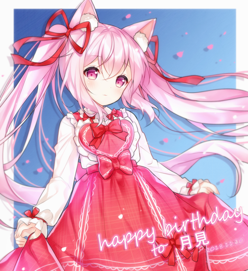 1girl animal_ear_fluff animal_ears azur_lane bangs blush bow cat_ears closed_mouth commentary_request eyebrows_visible_through_hair hair_between_eyes hair_ribbon happy_birthday head_tilt heart high-waist_skirt kisaragi_(azur_lane) long_hair long_sleeves looking_at_viewer pink_hair red_bow red_ribbon red_skirt ribbon shirt sidelocks skirt skirt_hold solo tengxiang_lingnai twintails very_long_hair violet_eyes white_shirt