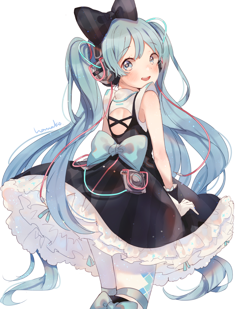 1girl argyle argyle_legwear arms_at_sides bare_arms bare_back bare_shoulders black_dress black_ribbon blue_eyes blue_hair blue_ribbon blush dress eyebrows_visible_through_hair frilled_dress frills gloves hair_ribbon hanako151 happy hatsune_miku headphones long_hair looking_at_viewer looking_back magical_mirai_(vocaloid) pantyhose ribbon simple_background smile solo standing twintails upper_body upper_teeth very_long_hair vocaloid white_background white_gloves white_legwear