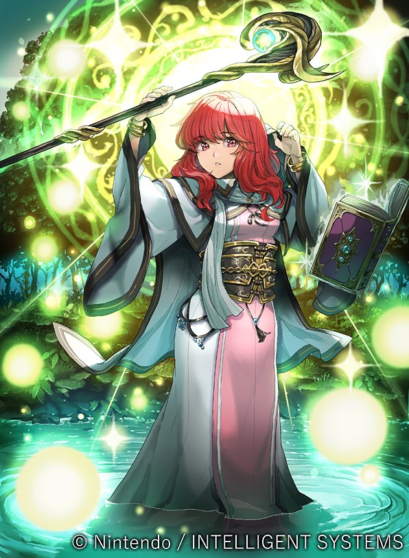 1girl bangs daigoman dress eyebrows_visible_through_hair fire_emblem fire_emblem:_mystery_of_the_emblem fire_emblem_cipher flower holding holding_staff hood hood_down jewelry julian_(fire_emblem) lena_(fire_emblem) long_dress long_hair long_sleeves looking_at_viewer magic nabarl nintendo official_art open_mouth outdoors pants pink_dress pink_flower red_eyes redhead scarf shirt short_hair solo staff standing wide_sleeves