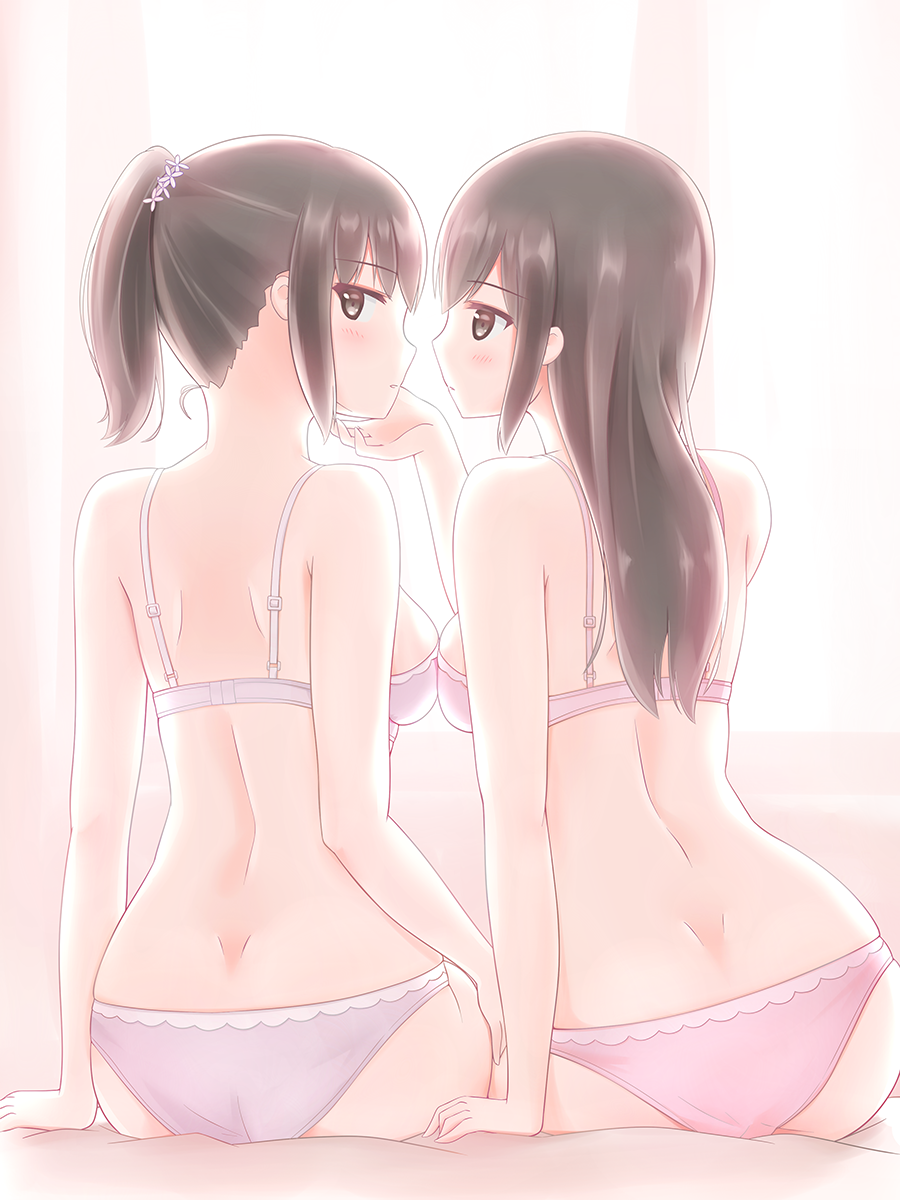 2girls :o arm_support ass back backlighting bangs blue_bra blue_panties bra breasts commentary_request eyebrows_visible_through_hair from_behind hair_tie hand_on_another's_face highres indoors kamakama_(kdmorh_kamakama) light_blush long_hair looking_at_another looking_at_viewer looking_back multiple_girls on_bed original panties parted_lips pink_bra pink_panties short_hair short_ponytail shoulder_blades side-by-side sitting small_breasts underwear underwear_only windowsill yuri