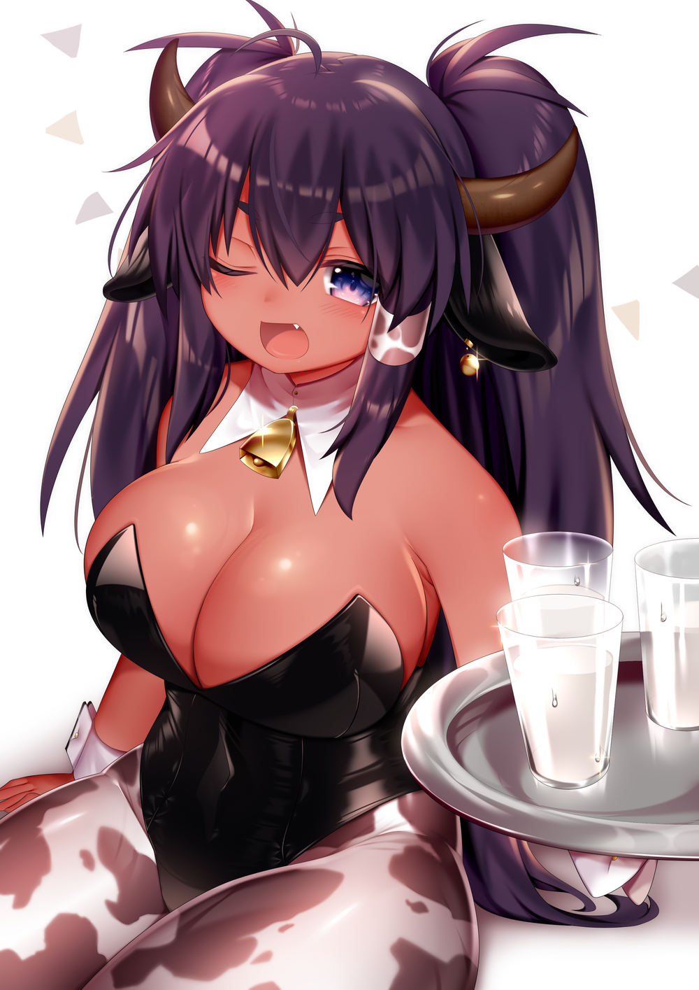 1girl ;d animal_ears animal_print bangs bare_shoulders bell bell_collar black_leotard blush breasts brown_legwear cleavage collar commentary_request covered_navel cow_ears cow_horns cow_print cup dark_skin detached_collar drinking_glass eyebrows_visible_through_hair fang glint hair_between_eyes highres holding holding_tray horns large_breasts leotard looking_at_viewer milk mofuaki one_eye_closed open_mouth original pantyhose print_legwear purple_hair sitting smile solo strapless strapless_leotard thick_eyebrows tray two_side_up violet_eyes white_background white_collar wrist_cuffs