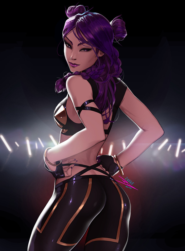 1girl adjusting_clothes arm_ribbon ass bangle bangs black_gloves bracelet braid breasts commentary cowboy_shot double_bun english_commentary eyeliner fingerless_gloves from_behind gloves idol jewelry k/da_(league_of_legends) k/da_kai'sa kai'sa league_of_legends lips looking_back makeup medium_breasts medium_hair mike_nesbitt pants parted_bangs purple_hair purple_lips ribbon side_braid skin_tight solo violet_eyes