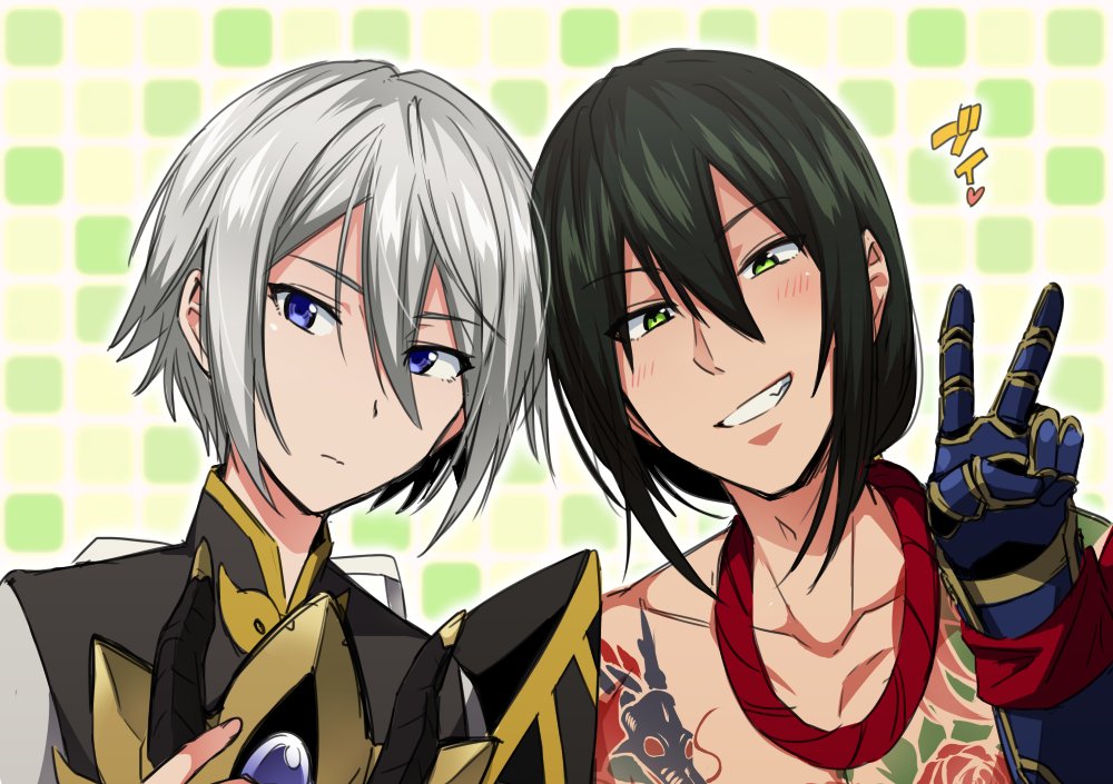 2boys black_hair blue_eyes commentary_request cosplay fate/grand_order fate_(series) flower_tattoo gao_changgong_(fate) gloves green_eyes grey_hair grin hair_between_eyes heart ikeshita_moyuko low_ponytail mask mask_removed multiple_boys no_shirt shoulder_armor smile tattoo translated upper_body v yan_qing_(fate/grand_order)