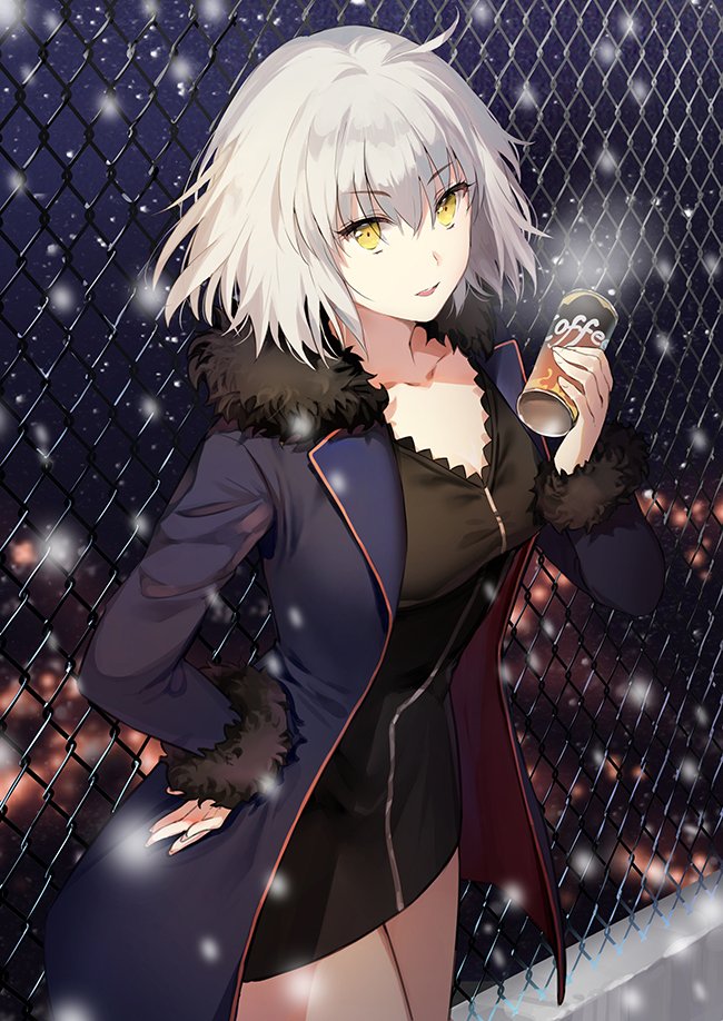 1girl ahoge bangs black_dress blue_coat blurry blurry_background breasts breathing can chain-link_fence city_lights coat collarbone dress eyebrows_visible_through_hair fate/apocrypha fate/grand_order fate_(series) fence fur-trimmed_coat fur_trim hand_on_hip holding holding_can ice_(ice_aptx) jeanne_d'arc_(alter)_(fate) jeanne_d'arc_(fate) jeanne_d'arc_(fate)_(all) large_breasts looking_at_viewer open_mouth outdoors rooftop short_hair silver_hair smile snow snowing solo tsurime yellow_eyes