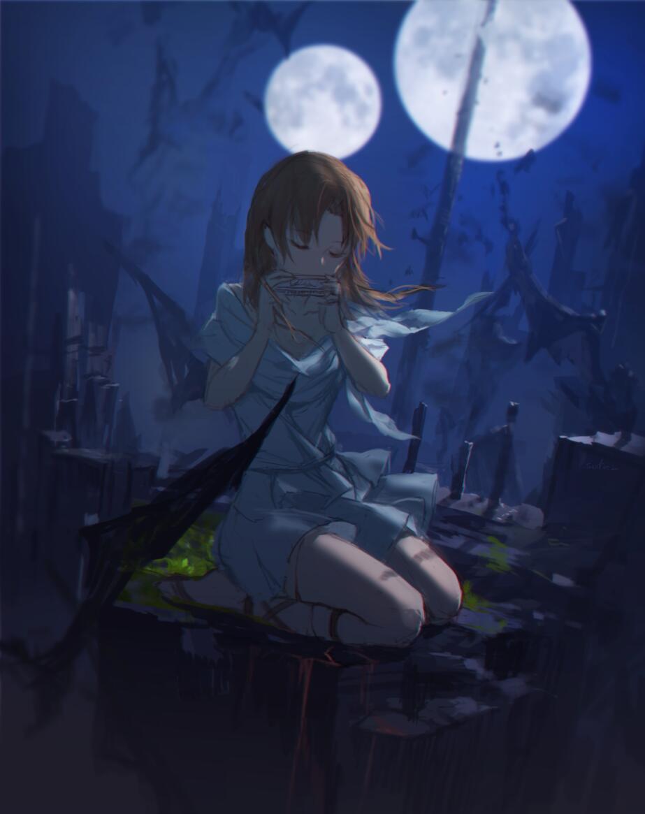 1girl barefoot black_wings blurry blurry_background blush brown_hair closed_eyes collarbone copyright_request depth_of_field dress dutch_angle facing_viewer full_moon hands_up holding holding_instrument instrument long_hair moon multiple_moons music night night_sky playing_instrument seiza sitting sketch sky solo swd3e2 white_dress wings