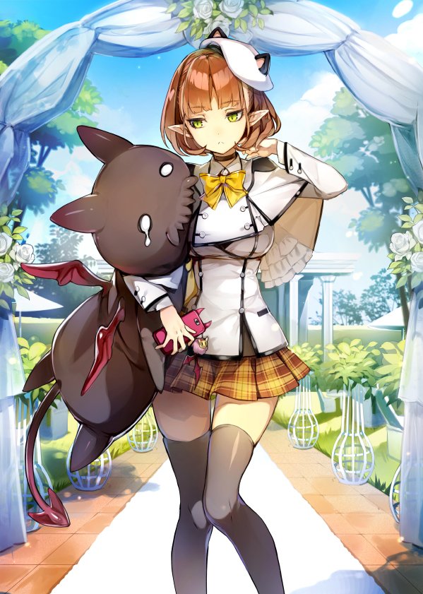 1girl animal_ears animal_hat bangs black_legwear blunt_bangs brown_hair brown_skirt capelet cat_ears cocorip day fake_animal_ears green_eyes hand_in_hair hat holding holding_phone jacket long_sleeves miniskirt outdoors parted_lips phone pleated_skirt pointy_ears qurare_magic_library shiny shiny_hair short_hair skirt solo standing thigh-highs white_capelet white_hat white_jacket zettai_ryouiki