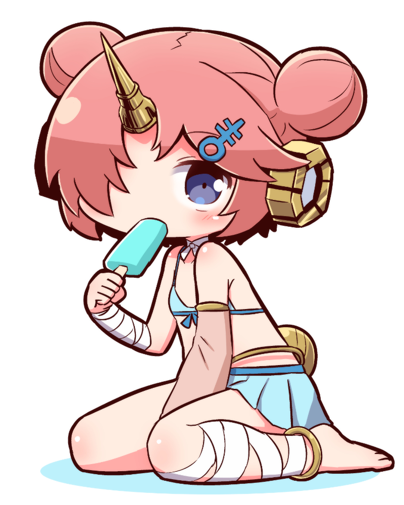 1girl anklet asymmetrical_sleeves bandage bandaged_arm bandaged_leg bandages bangs bare_shoulders barefoot between_legs bikini_top blue_bikini_top blue_eyes blue_skirt blush brown_sleeves chibi collarbone commentary_request covered_mouth detached_sleeves double_bun eyebrows_visible_through_hair fate/grand_order fate_(series) food frankenstein's_monster_(fate) frankenstein's_monster_(swimsuit_saber)_(fate) full_body hair_ornament hair_over_one_eye hand_between_legs holding holding_food horn jewelry looking_at_viewer naga_u pleated_skirt popsicle shadow side_bun single_detached_sleeve sitting skirt solo wariza white_background