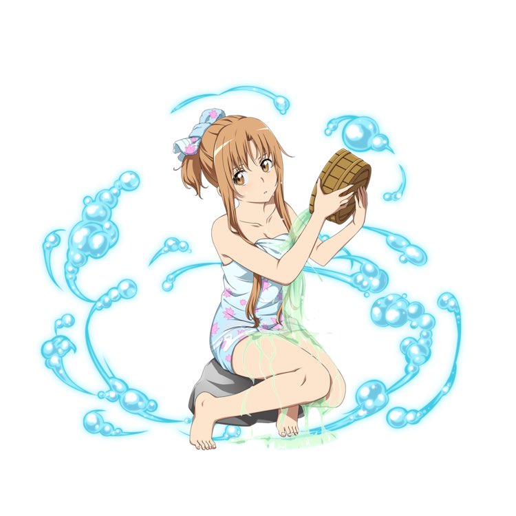 1girl asuna_(sao) barefoot blue_bow blue_towel bow breasts brown_eyes brown_hair cleavage collarbone hair_bow holding long_hair looking_back medium_breasts naked_towel official_art print_towel short_ponytail sidelocks simple_background sitting solo sword_art_online sword_art_online:_code_register tied_hair towel white_background