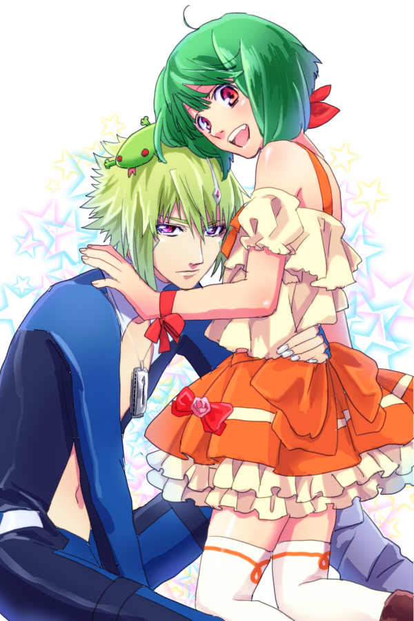 1boy 1girl :d ahoge arm_around_waist bow brera_sterne brother_and_sister cero_(cerocero) detached_sleeves green_hair harmonica instrument kneeling layered_skirt looking_at_viewer macross macross_frontier nail_polish navel open_mouth pink_eyes ranka_lee red_eyes short_hair siblings silver_nails sitting skin_tight smile thigh-highs