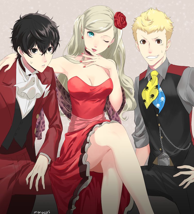 1girl 2boys amamiya_ren ascot black_eyes black_hair black_pants blonde_hair blue_eyes breasts brown_eyes cleavage dress earrings flower frilled_dress frills gloves grey_background grey_gloves grey_shirt grin hair_flower hair_ornament hand_on_hip head_tilt jacket jewelry long_hair looking_at_viewer medium_breasts mn multiple_boys nail_polish necktie one_eye_closed open_clothes open_jacket open_mouth pants persona persona_5 red_dress red_flower red_jacket red_nails red_pants red_rose rose sakamoto_ryuuji shirt silver_hair skull_print sleeveless sleeveless_dress smile strapless strapless_dress sweatdrop takamaki_anne white_gloves white_neckwear yellow_neckwear