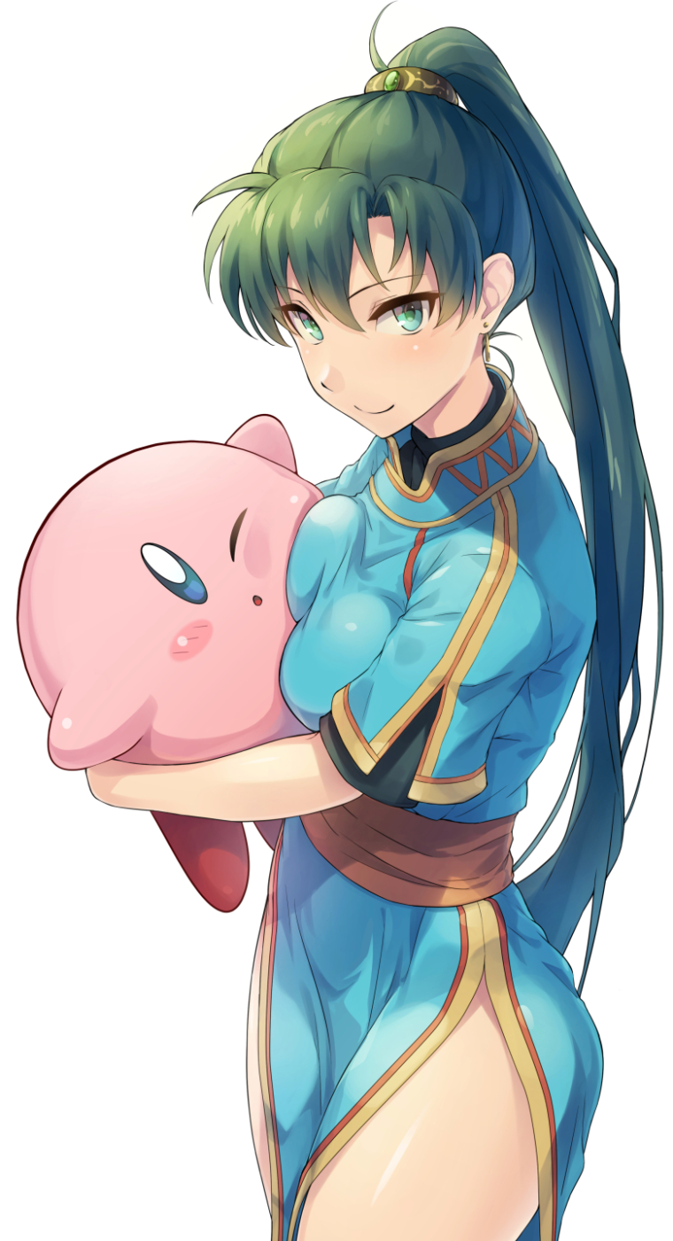 1girl 1other blue_eyes blush breasts cute fire_emblem fire_emblem:_rekka_no_ken green_eyes green_hair hal_laboratory_inc. hoshi_no_kirby hug intelligent_systems kirby kirby_(series) kirby_(specie) long_hair lyndis_(fire_emblem) nintendo ohmoto_makiko pelvic_curtain ponytail seiyuu_connection shinon_(tokage_shuryou) simple_background super_smash_bros. wink