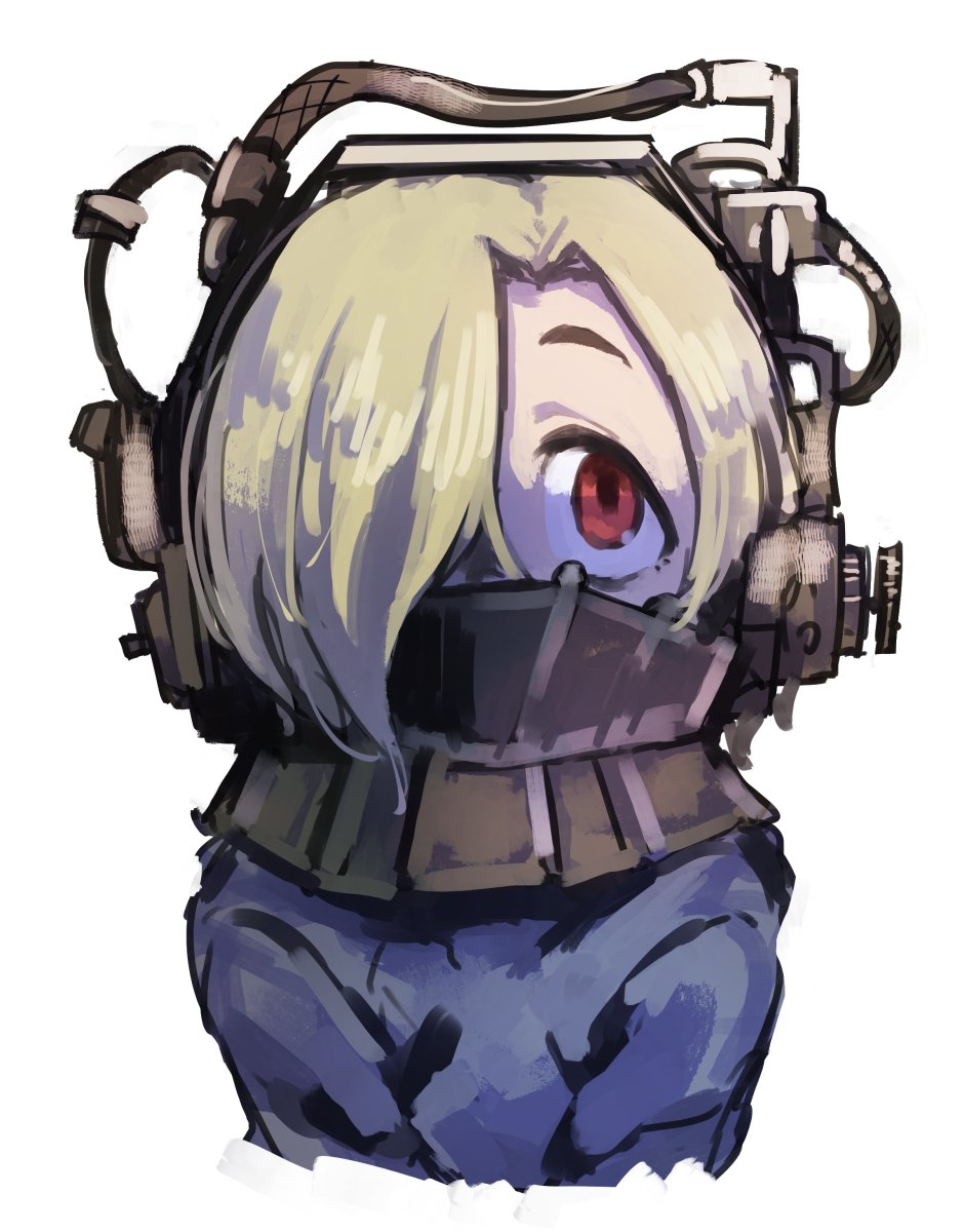 1girl asymmetrical_hair black_clothes black_hoodie blonde_hair commentary gazacy_(dai) hair_over_one_eye highres idolmaster idolmaster_cinderella_girls looking_up mask parody portrait red_eyes saw_(movie) shirasaka_koume short_eyebrows short_hair simple_background solo white_background