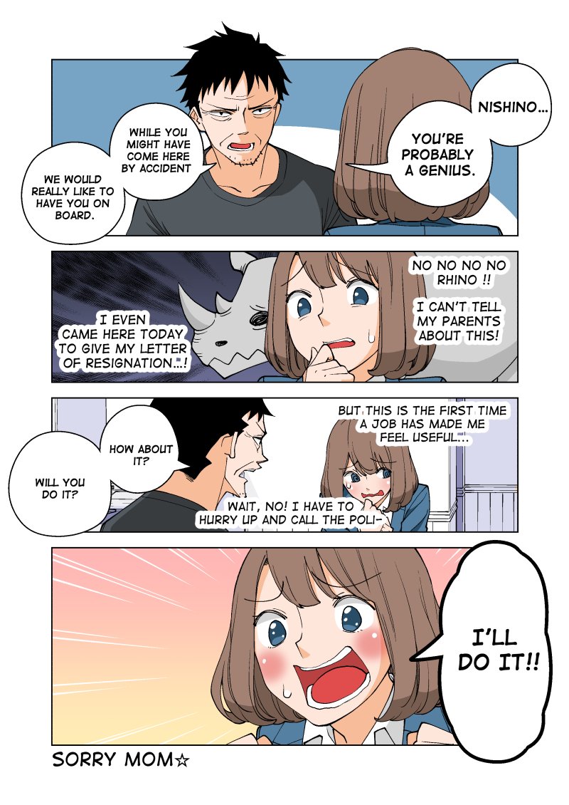 1boy 1girl 4koma black_hair blue_eyes bob_cut brown_hair comic facial_hair formal hard_translated nishino_kanako office_lady original rhinoceros stubble suit wakabayashi_toshiya