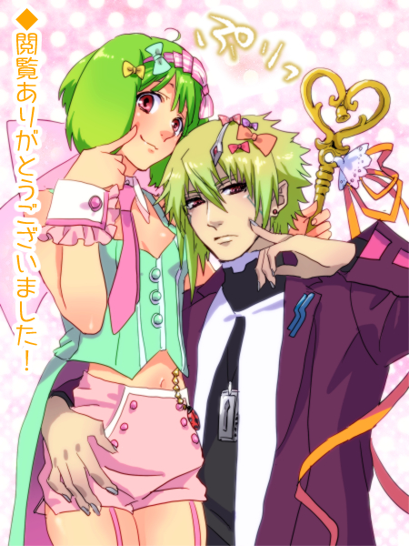 1boy 1girl ahoge arm_around_waist bow breasts brera_sterne brother_and_sister cero_(cerocero) finger_to_cheek garter_straps green_hair grey_nails hair_bow hand_on_another's_hip looking_at_viewer macross macross_frontier midriff_peek nail_polish necktie pink_eyes ranka_lee red_eyes short_hair short_shorts shorts siblings small_breasts smile wrist_cuffs