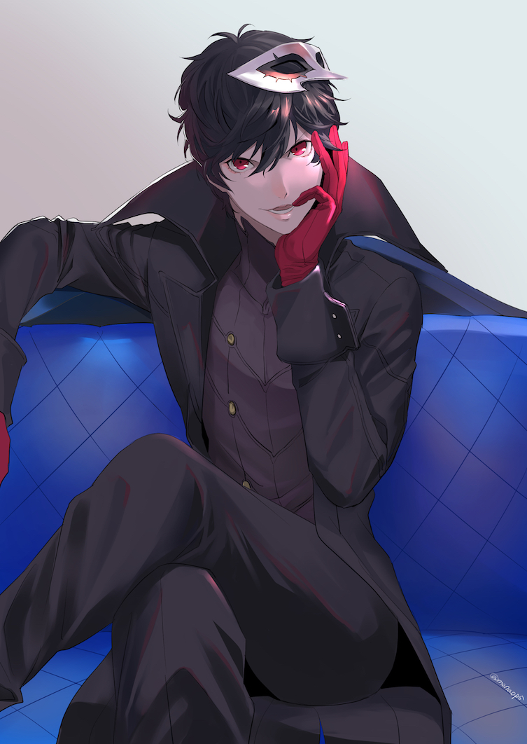 1boy :d amamiya_ren black_coat black_hair black_pants couch gloves grey_background hair_between_eyes legs_crossed looking_at_viewer male_focus mask mask_on_head mn open_mouth pants persona persona_5 red_eyes red_gloves shiny shiny_hair sitting smile solo