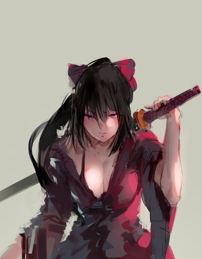 1girl black_bra bow bra breasts cleavage closed_mouth commentary_request hair_bow japanese_clothes katana kimono large_breasts long_hair looking_at_viewer noccu noihara_himari omamori_himari ponytail sketch solo sword underwear very_long_hair violet_eyes weapon