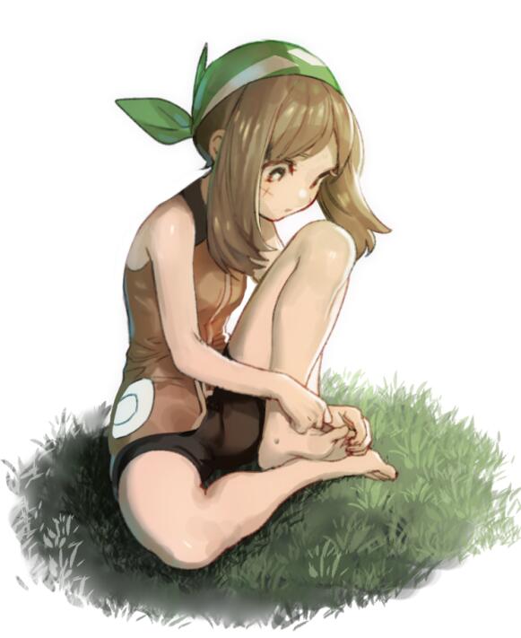 1girl bandanna barefoot bike_shorts black_shorts brown_eyes brown_hair brown_jacket creatures_(company) facial_scar full_body game_freak haruka_(pokemon) jacket long_hair looking_down nintendo pokemon pokemon_(game) pokemon_emerald pokemon_rse scar scar_on_cheek short_shorts shorts sleeveless sleeveless_jacket solo white_background zuizi