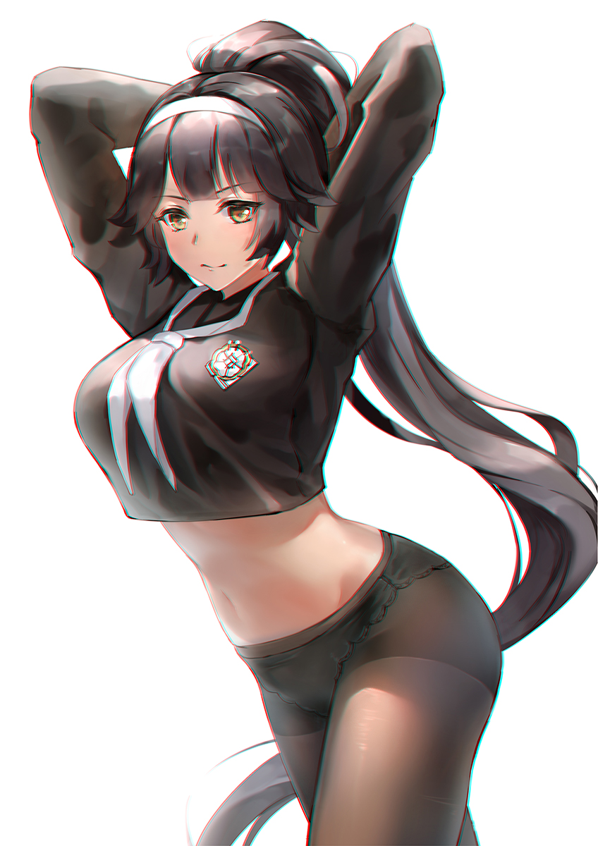 1girl arms_up asanogawa_(tutufcc) azur_lane bangs black_hair black_shirt breasts brown_eyes brown_legwear closed_mouth commentary_request eyebrows_visible_through_hair hairband high_ponytail highres large_breasts long_hair long_sleeves looking_at_viewer neckerchief no_pants panties panties_under_pantyhose pantyhose ponytail shirt simple_background solo takao_(azur_lane) underwear v-shaped_eyebrows very_long_hair white_background white_hairband white_neckwear