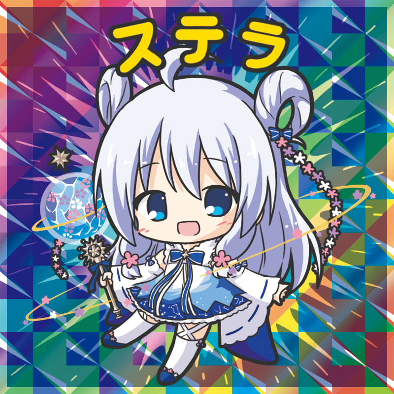 1girl :d ahoge bangs bikkuriman_(style) blue_bow blue_dress blue_eyes blue_footwear blush bow character_name chibi detached_sleeves dress eyebrows_visible_through_hair flower_knight_girl full_body hair_between_eyes hair_bow hair_rings holding holding_wand long_hair long_sleeves open_mouth parody ribbon-trimmed_sleeves ribbon_trim rinechun shoes silver_hair smile solo striped striped_bow sutera_(flower_knight_girl) thigh-highs very_long_hair wand white_legwear white_sleeves wide_sleeves