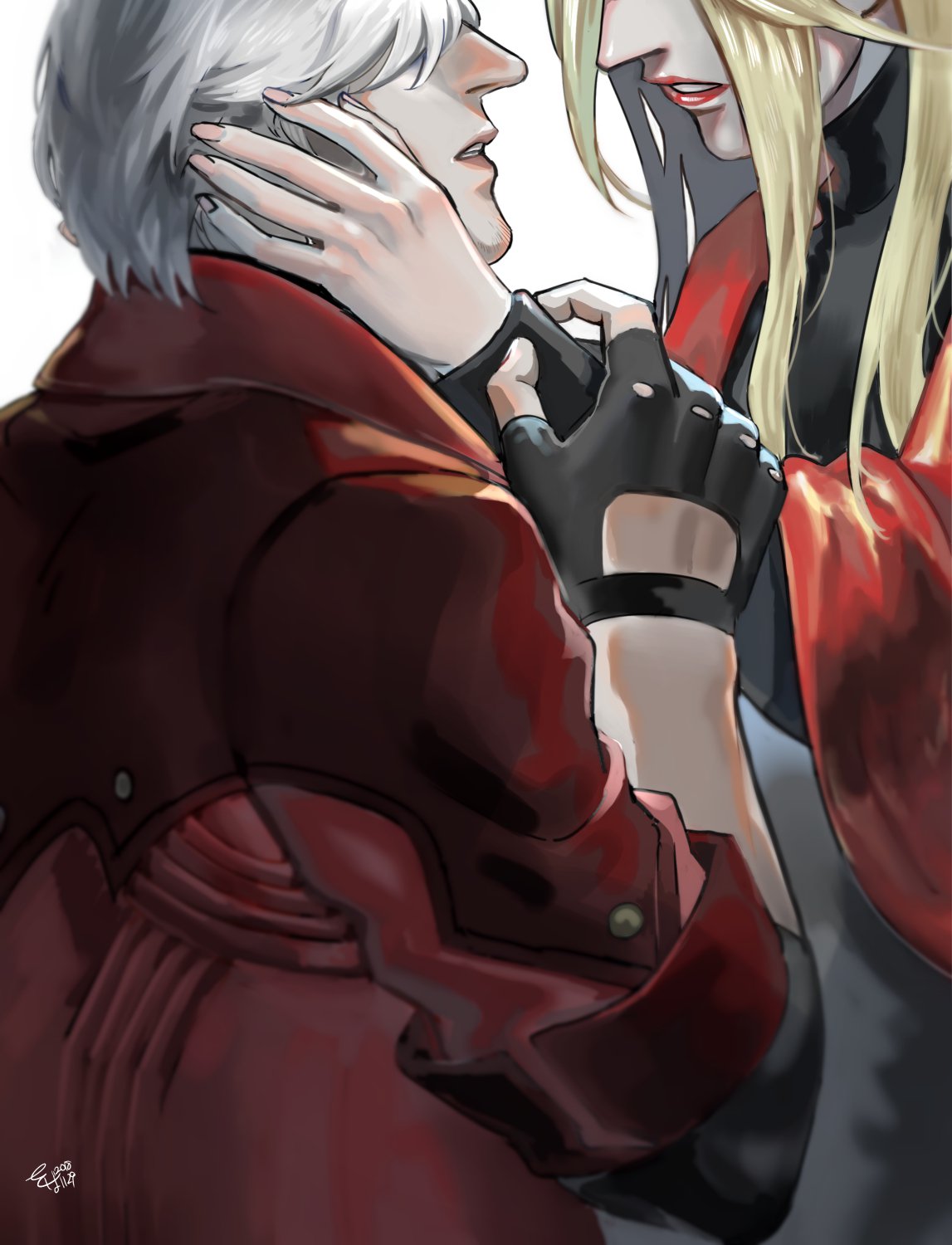 1boy 1girl blonde_hair coat dante_(devil_may_cry) devil_may_cry devil_may_cry_4 eva_(devil_may_cry) fingerless_gloves gloves hand_on_another's_face highres linkget5501 long_hair medium_hair red_coat signature simple_background white_background white_hair