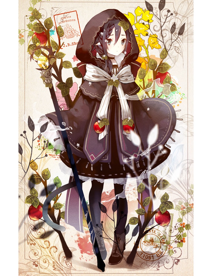 1girl apple bangs blush boots brown_dress brown_footwear brown_hair brown_legwear closed_mouth commentary_request dress food fruit gem grey_eyes hair_between_eyes hood hood_up long_hair looking_at_viewer original pantyhose pointy_ears postage_stamp red_apple solo staff standing yuzuyomogi