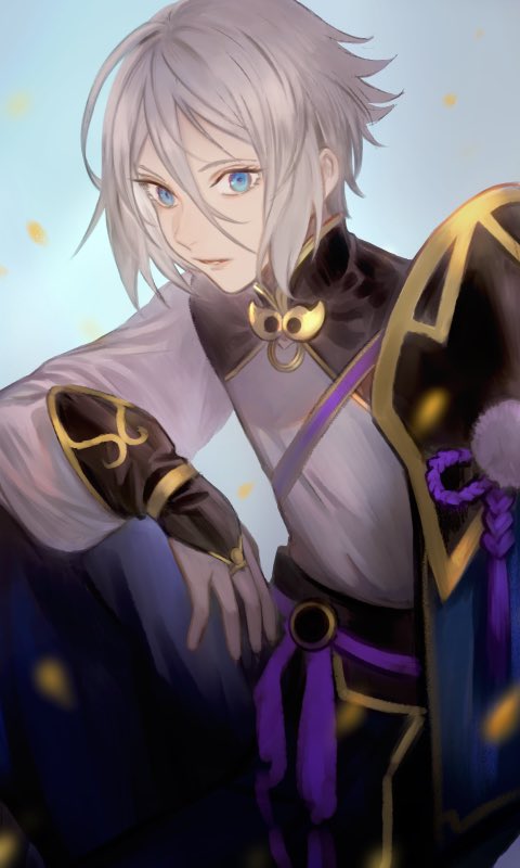 1boy blue_eyes closed_mouth fate/grand_order fate_(series) fingerless_gloves gao_changgong_(fate) gloves looking_at_viewer male_focus pants pikomaro short_hair silver_hair simple_background solo
