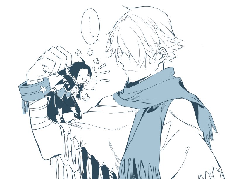 2boys blush brown_hair chibi cloak closed_eyes cyrus_(octopath_traveler) gloves hair_over_one_eye jewelry long_hair male_focus monochrome multiple_boys oboro_keisuke octopath_traveler open_mouth scarf short_hair simple_background smile therion_(octopath_traveler) white_hair