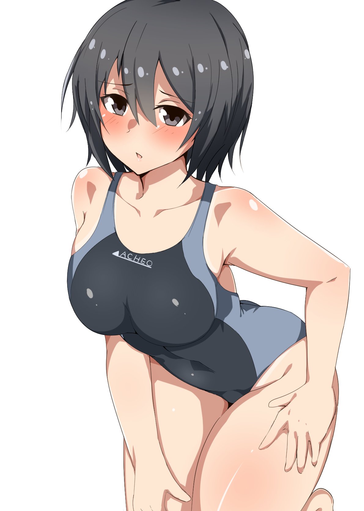 1girl amagami black_eyes black_hair black_swimsuit bob_cut breasts collarbone competition_swimsuit cowboy_shot highres medium_breasts nanasaki_ai one-piece_swimsuit seihekiog short_hair simple_background solo swimsuit two-tone_swimsuit white_background