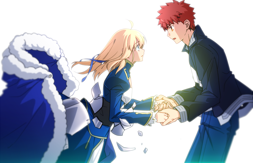 1boy 1girl ahoge armor armored_dress artoria_pendragon_(all) black_jacket blonde_hair blue_cape blue_dress blue_pants blue_ribbon broken_armor brown_eyes cape couple dress emiya_shirou eye_contact fate/stay_night fate_(series) floating_hair fur-trimmed_cape fur_trim green_eyes hair_ribbon hand_holding jacket long_hair long_sleeves looking_at_another open_clothes open_jacket open_mouth pants redhead ribbon saber sen_(77nuvola) simple_background spiky_hair white_background