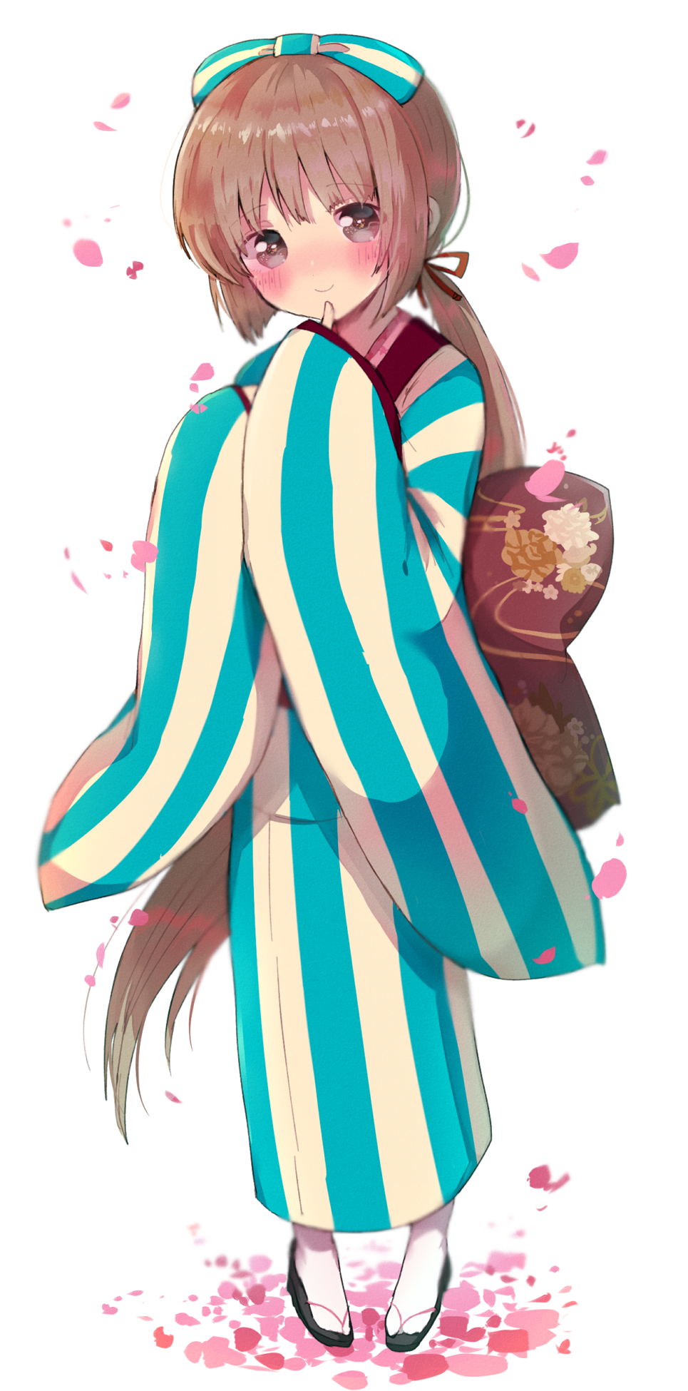 1girl bangs blush bow brown_eyes brown_hair floral_print full_body hair_bow highres hoppe_(heroaka49) idolmaster idolmaster_cinderella_girls japanese_clothes kimono long_ponytail obi petals sash smile solo standing striped striped_bow striped_kimono white_legwear yorita_yoshino yukata