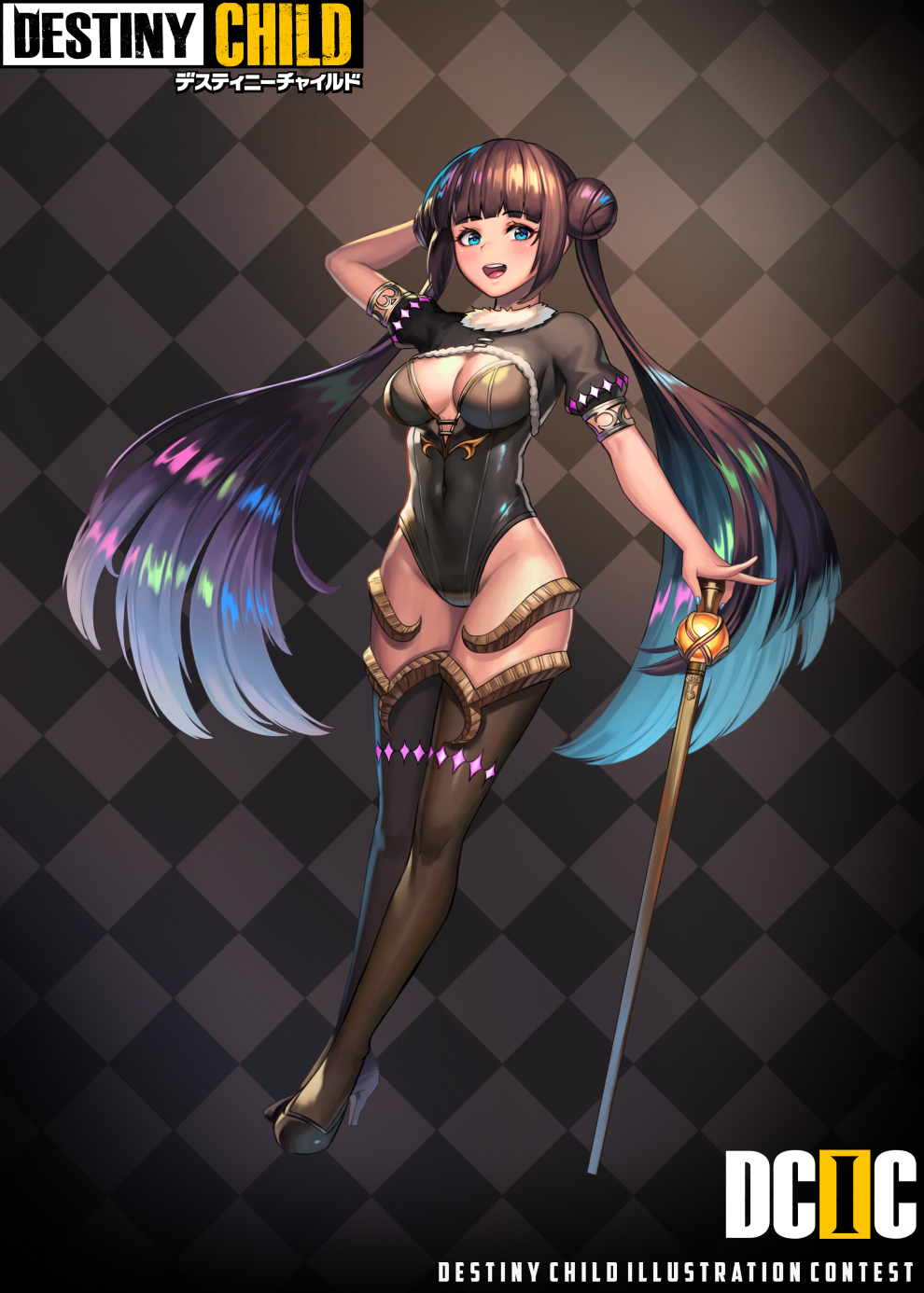 1girl :d argyle argyle_background bad_id bad_pixiv_id bangs black_footwear black_leotard blue_hair blunt_bangs blush breasts brown_hair brown_legwear cane copyright_name covered_navel destiny_child double_bun full_body gradient_hair hand_behind_head hand_up highres holding large_breasts leotard long_hair looking_at_viewer moonandmist multicolored_hair open_mouth original shoes short_sleeves simple_background smile thigh-highs
